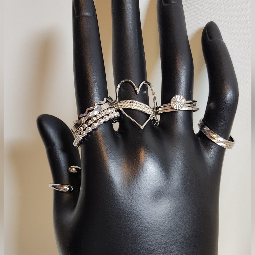 Set of 14 Dainty Silver Tone Rings with Heart Accent, Sizes 5–8